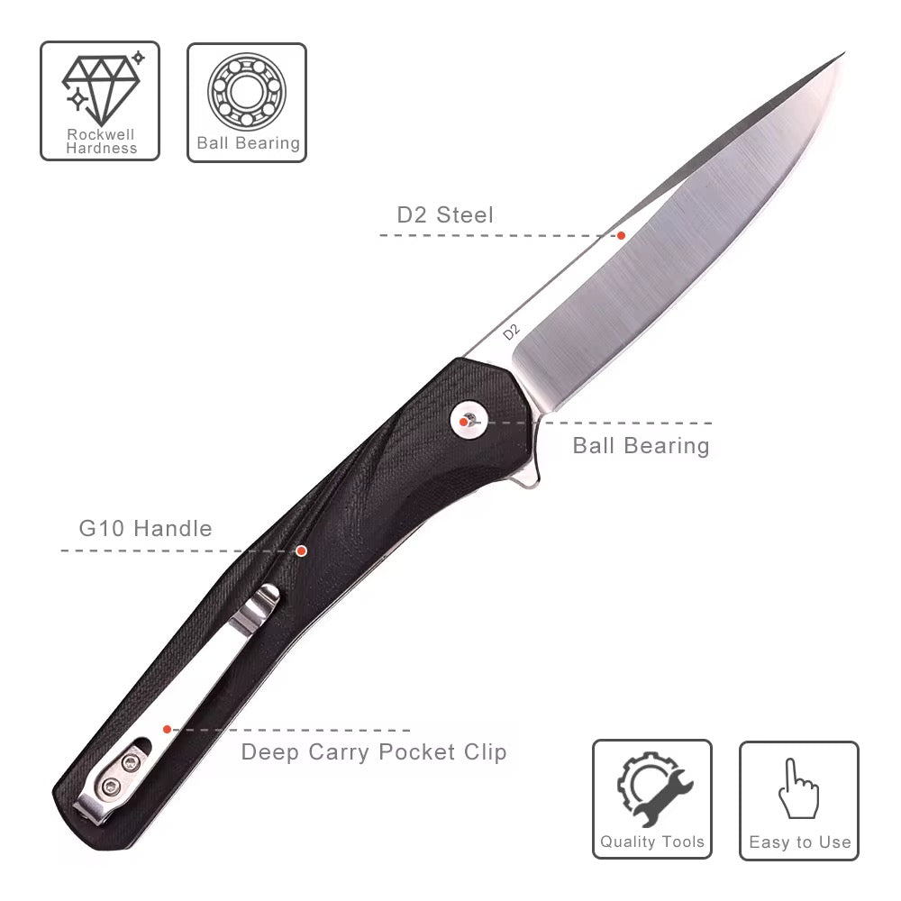 GM-Strantz Hawk D2 Klappmesser – G10 Griff mit Kugellager für EDC & Outdoor